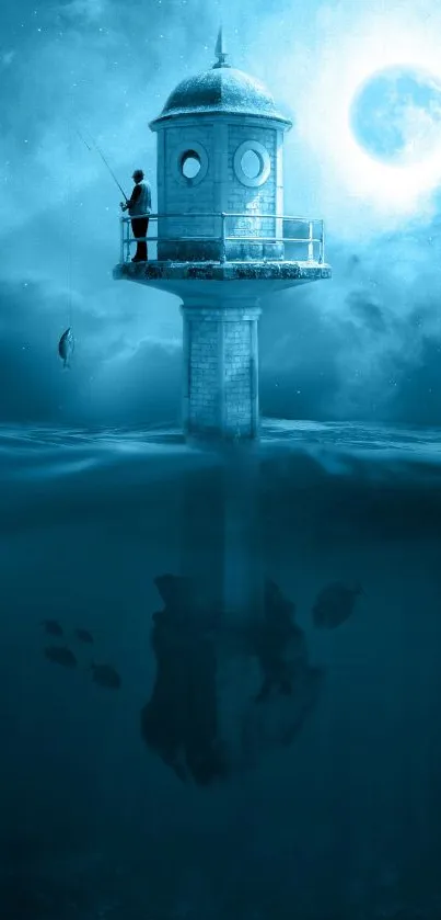 A lone fisherman on a lighthouse under a moonlit ocean with fish visible below.