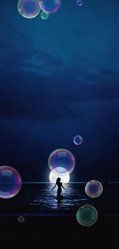 Silhouette in ocean at night with moonlight over dark blue sky.