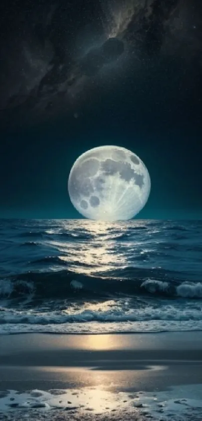 Moonlit ocean at night with full moon reflection.