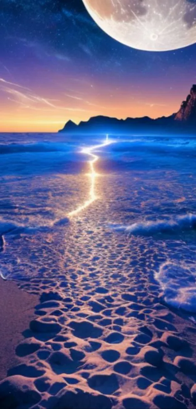 Moonlit ocean and beach under starry night sky.