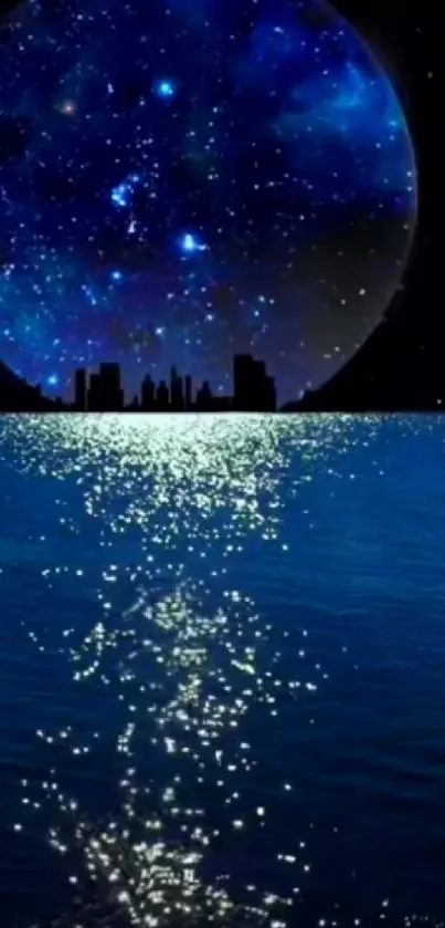 Blue moonlit ocean with starry skyline.