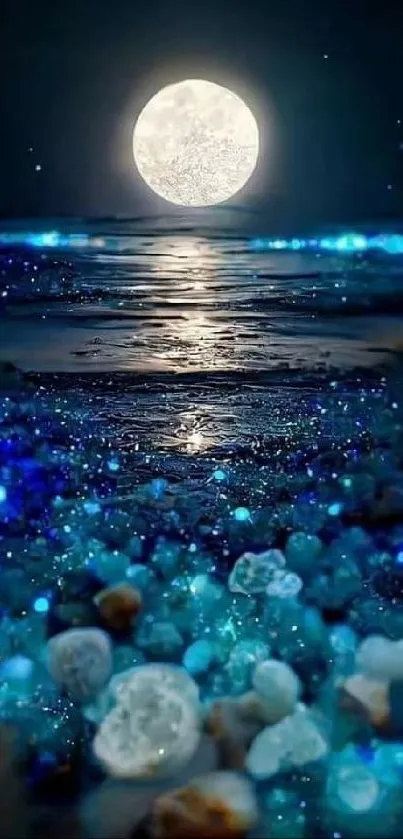 A moonlit ocean with sparkling blues creating a serene, enchanting nightscape.