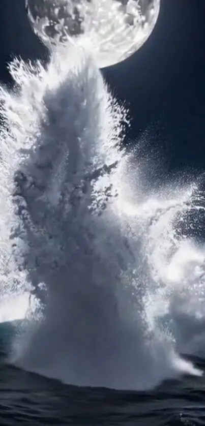 Moonlit ocean wave splashing under a full moon in a dark night sky.