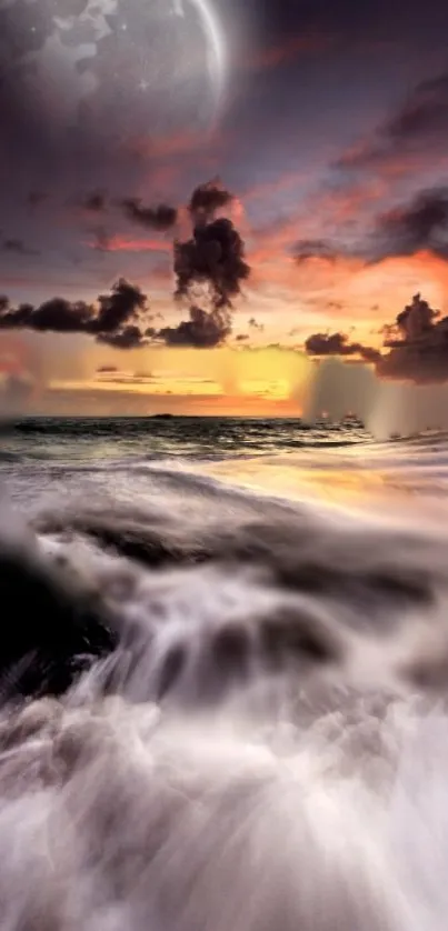 Stunning moonlit ocean sunset with vivid colors and dramatic clouds.