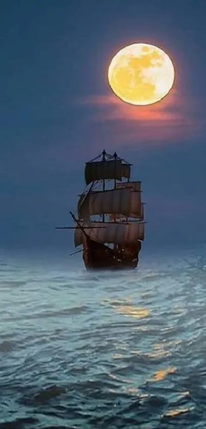 Ship sailing under a full moon with ocean reflections.