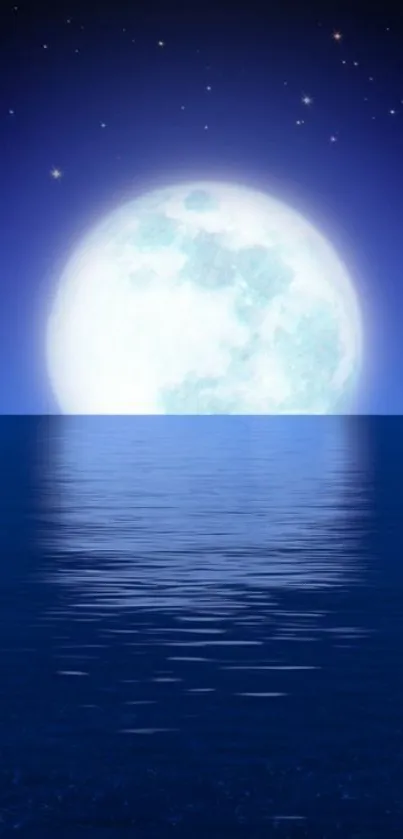 Full moon glowing over ocean with starry night sky.