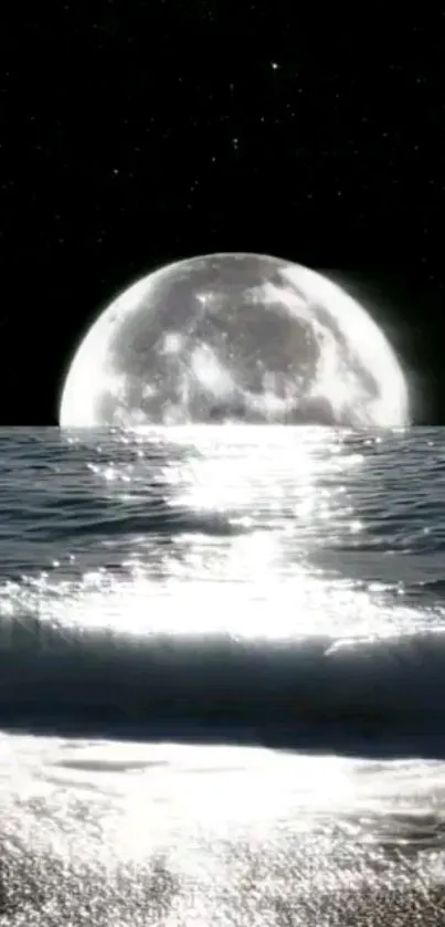 Full moon reflecting on the ocean's surface with a serene, starry background.