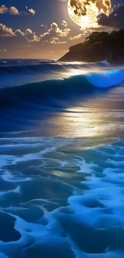 Moonlit ocean waves with a glowing moon overhead.