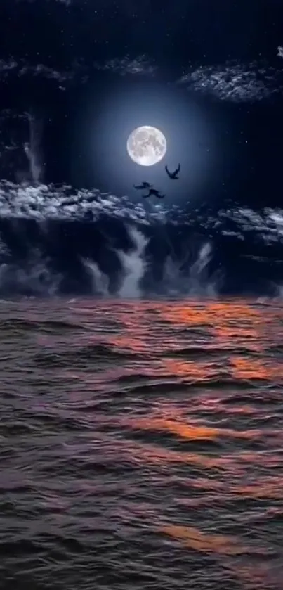 Moonlit ocean with waves reflecting orange hues.