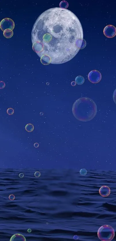 Serene night scene with moon, ocean, and bubbles.