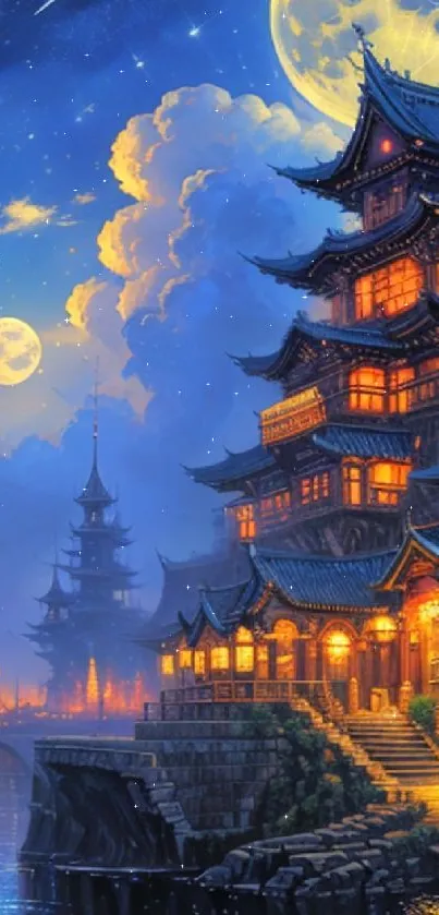 Moonlit pagoda beside a river under a starry sky, glowing with warm lights.