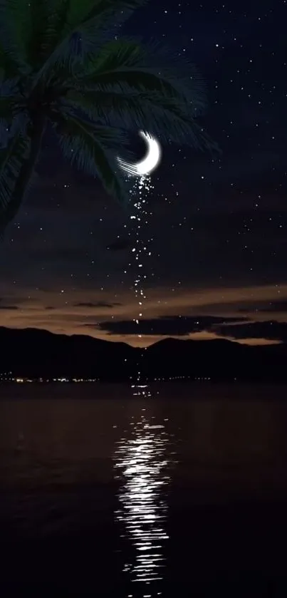 Crescent moon over palm tree night sky wallpaper.