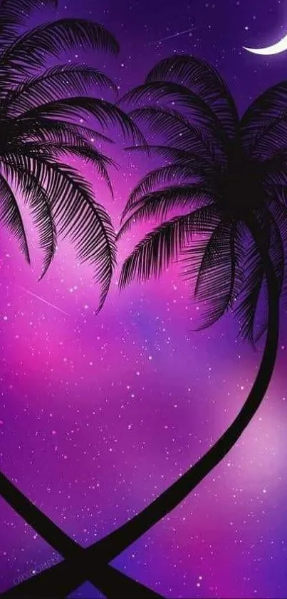 Moonlit palm trees against a vibrant purple sky with a crescent moon.