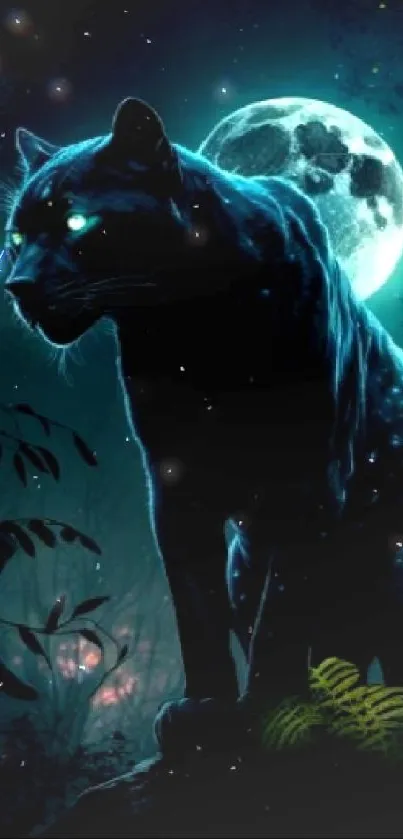 Panther stands under moonlight in a forest, exuding mystery and beauty.