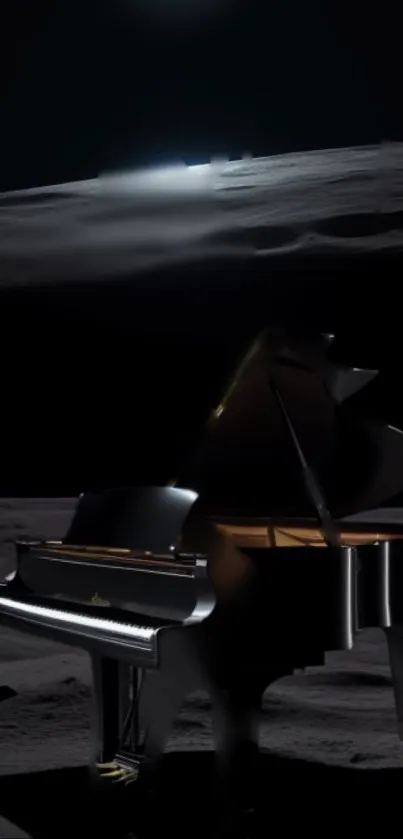 Black grand piano under moonlight on the moon's surface.