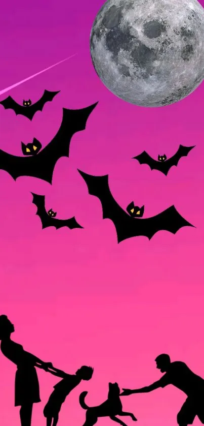 Silhouette family and bats under a pink moonlit sky wallpaper.