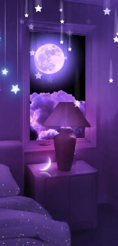 Purple room with moonlit view and glowing stars in a serene setting.