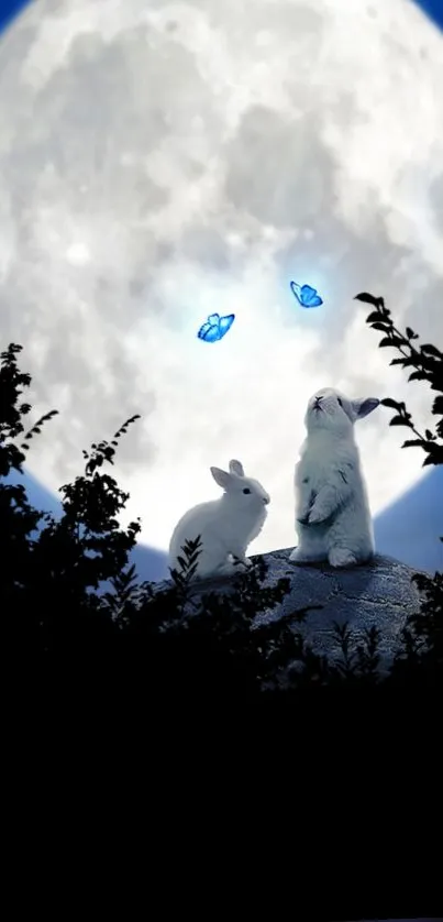 Two rabbits sit under a full moon with butterflies, silhouetted by dark trees.