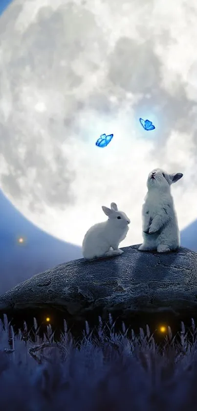 Rabbits and butterflies under a full moon.