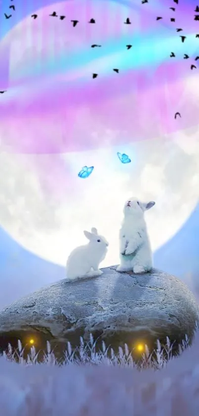 Enchanted night with rabbits and butterflies under a purple moon.