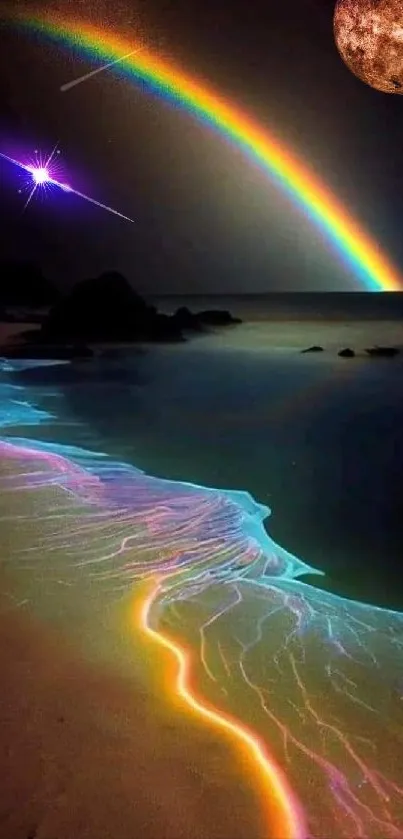 Moonlit beach with glowing rainbow and vibrant shoreline at night.