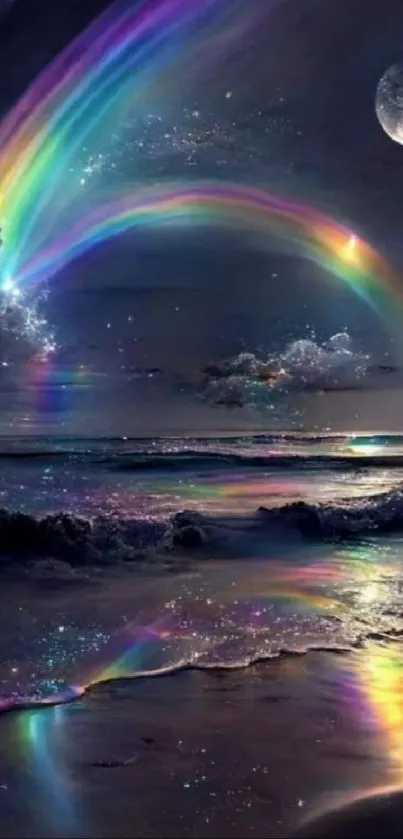 Moonlit beach with rainbow reflection.