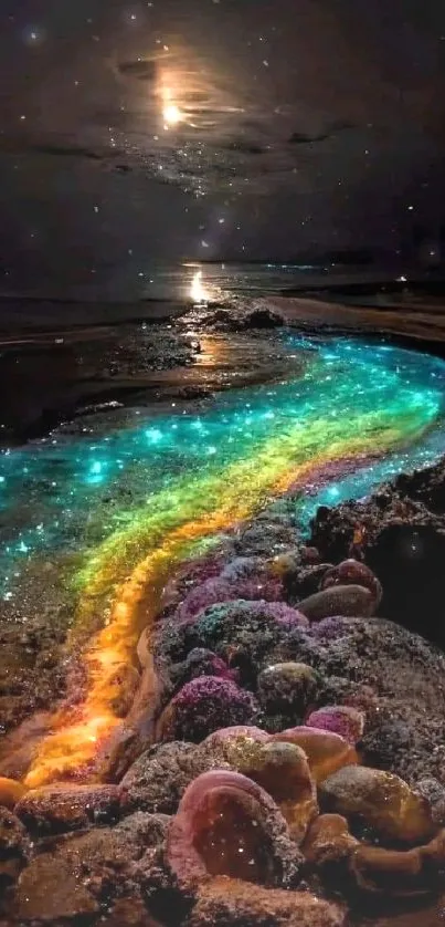 Moonlit ocean shore with vibrant glowing waves.