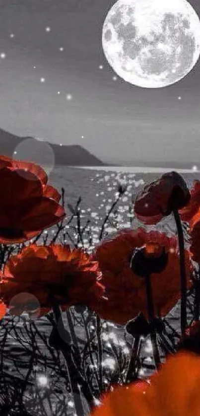 Red flowers under moonlight by a tranquil lake.