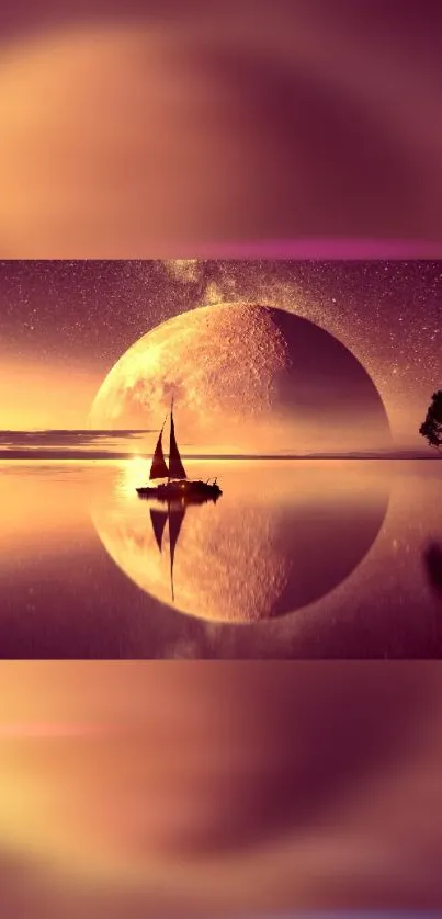 Serene sailboat with moonlit reflection and amber sky.