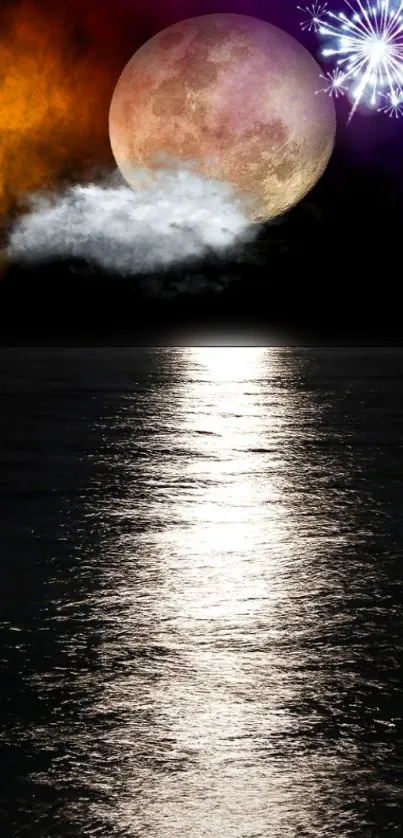 Moonlit reflection with colorful clouds and serene water.