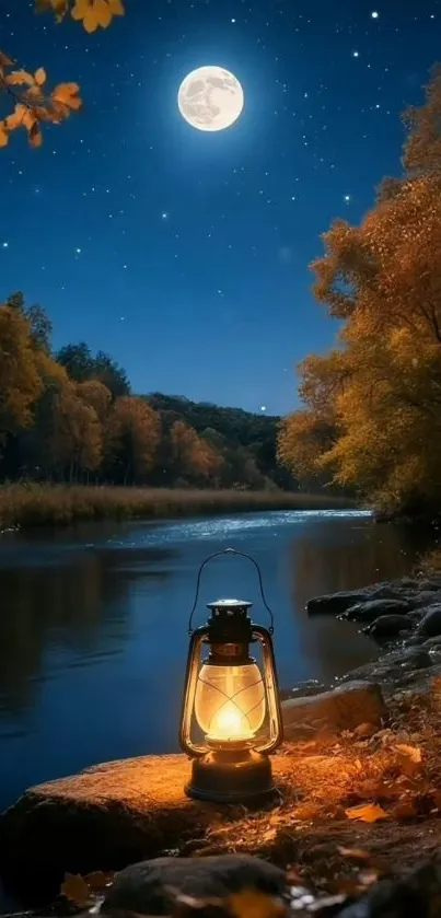 Moonlit river with lantern under a starry sky.