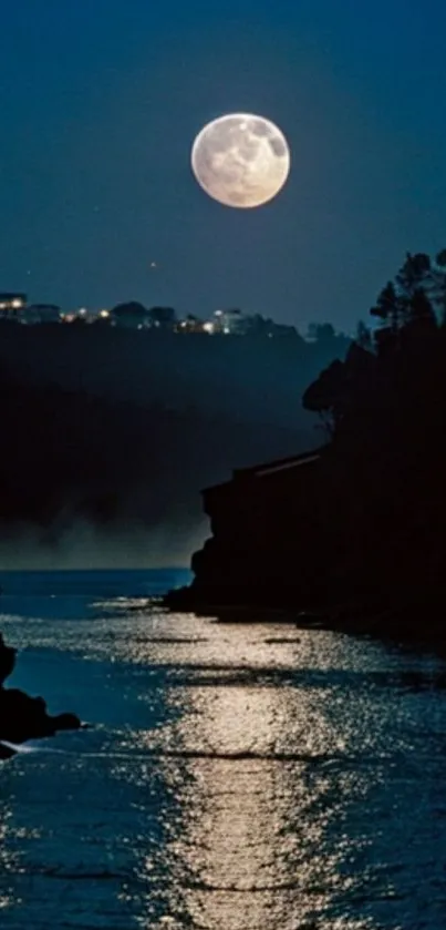 Moonlit river scene with silhouettes and reflections on a dark blue night sky.