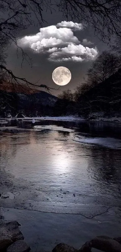 Moonlit river with clouds and full moon in a tranquil night scene.