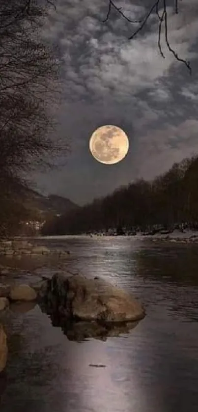 Moonlit river with cloudy night sky and serene landscape.