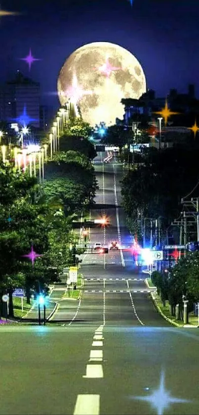 Moonlit city road under a glowing night sky.