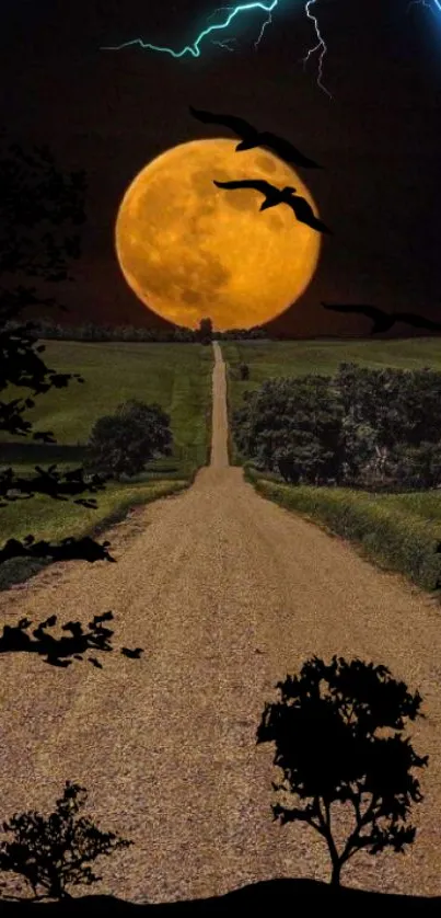 Moonlit road with a full moon and lightning in the night sky.