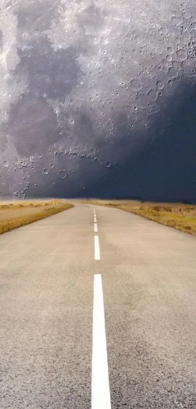 Deserted road leading to a colossal moon under a starry night sky.