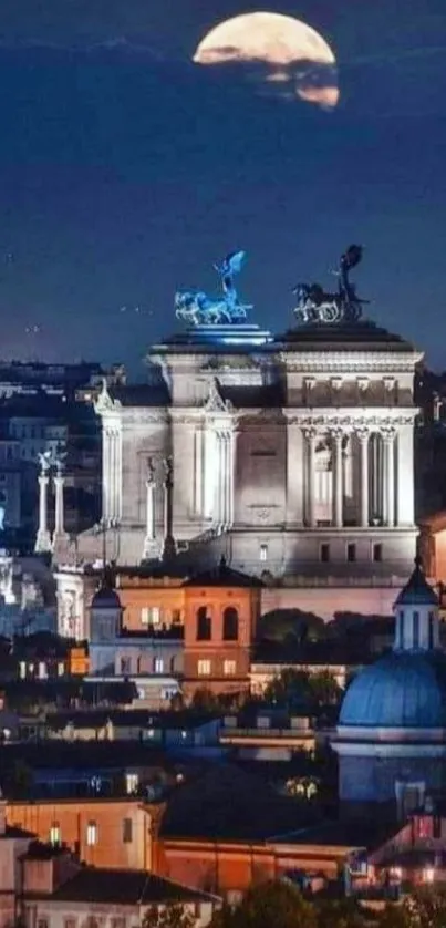 Moonlit view of Roman architecture at night.