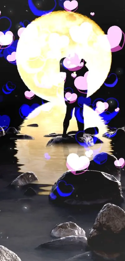 Couple silhouette under full moon reflection on water.