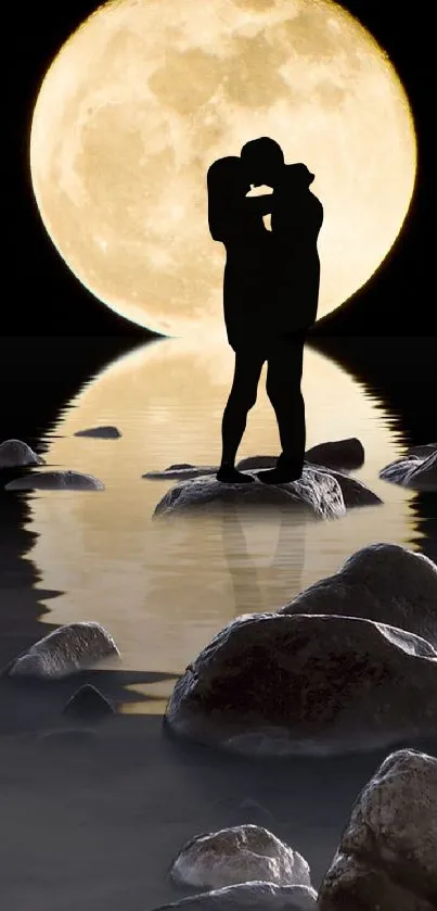 Silhouette couple kissing under full moon with water reflection.