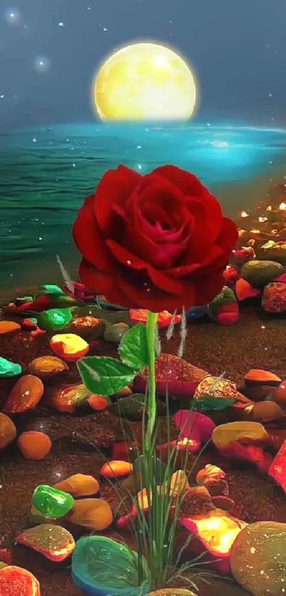 Red rose and colorful stones under a moonlit sky.