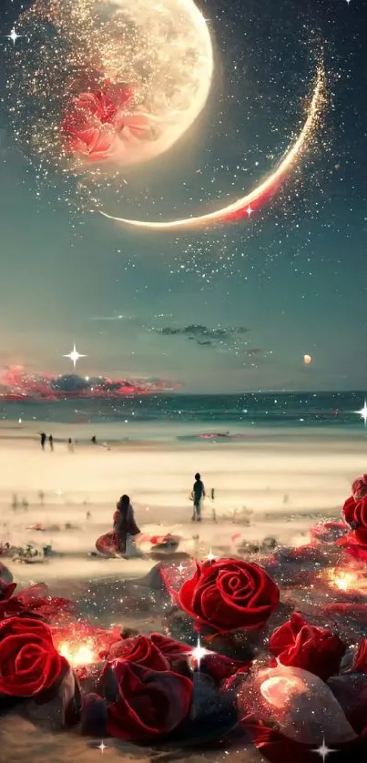 Fantasy beach with moon and red roses at night.