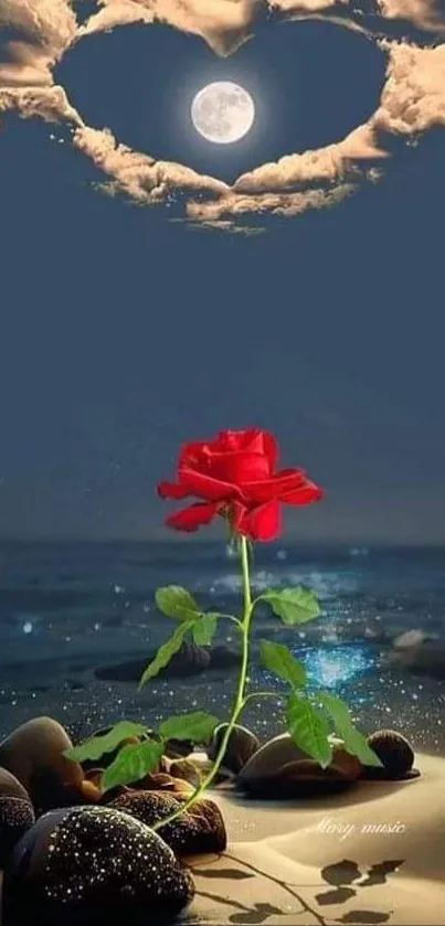 Moonlit beach with a vibrant red rose under a heart-shaped cloud.