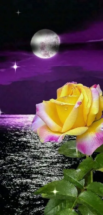 Yellow rose under moonlit purple sky reflecting on sea.