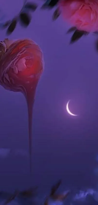 Surreal moonlit rose dripping with purple night sky backdrop.