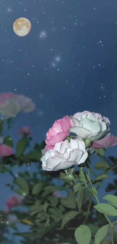 Moonlit rose garden with pink and white flowers under a starry night sky.