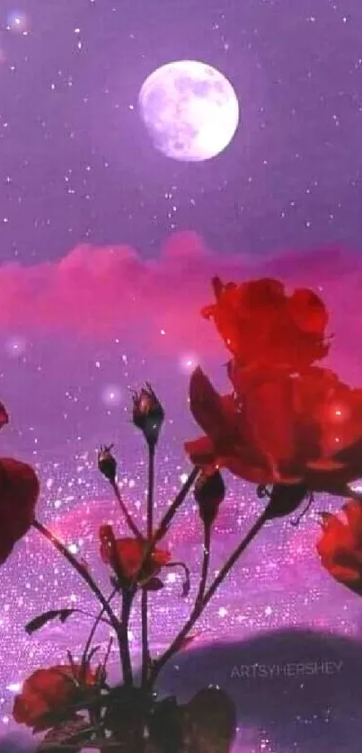 Red roses under a vibrant moonlit purple sky with stars.