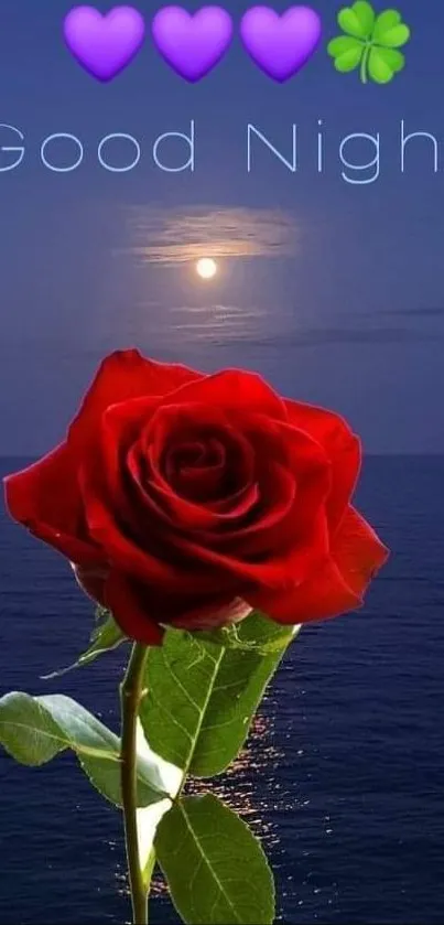 Moonlit night phone wallpaper with a red rose and ocean view.