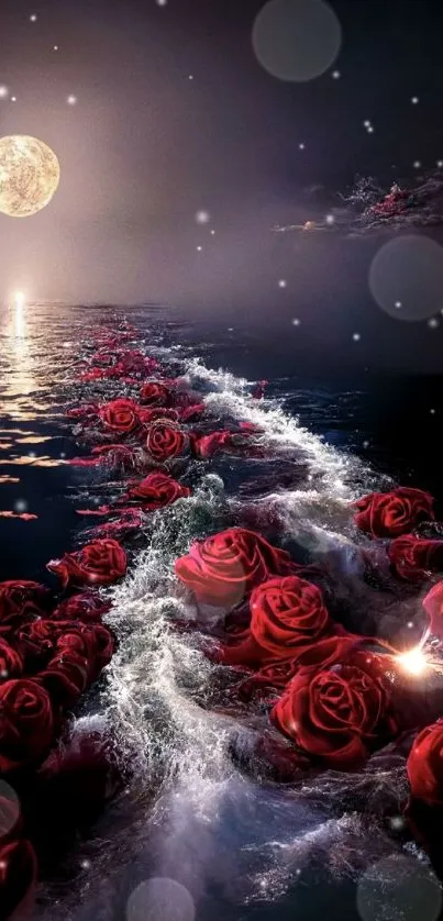 Moonlit ocean path adorned with red roses under a bright full moon.