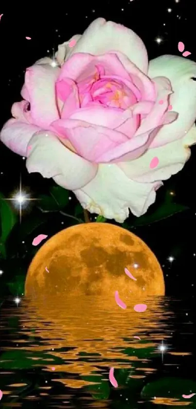 Moonlit rose with glowing moon reflection.